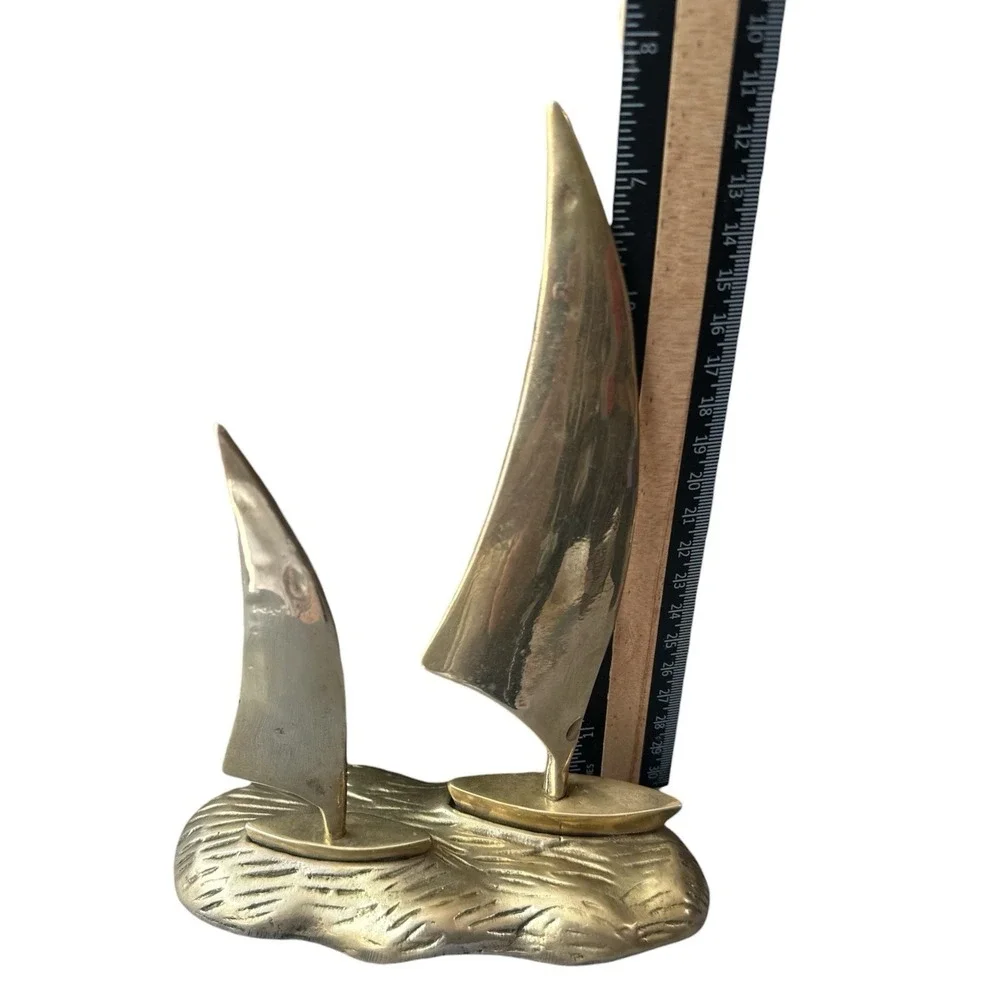 VTG MCM Brass Sailboats On Brass Water Art Deco Statue