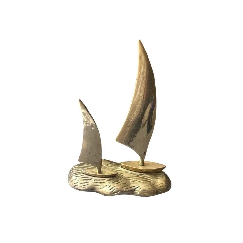 VTG MCM Brass Sailboats On Brass Water Art Deco Statue