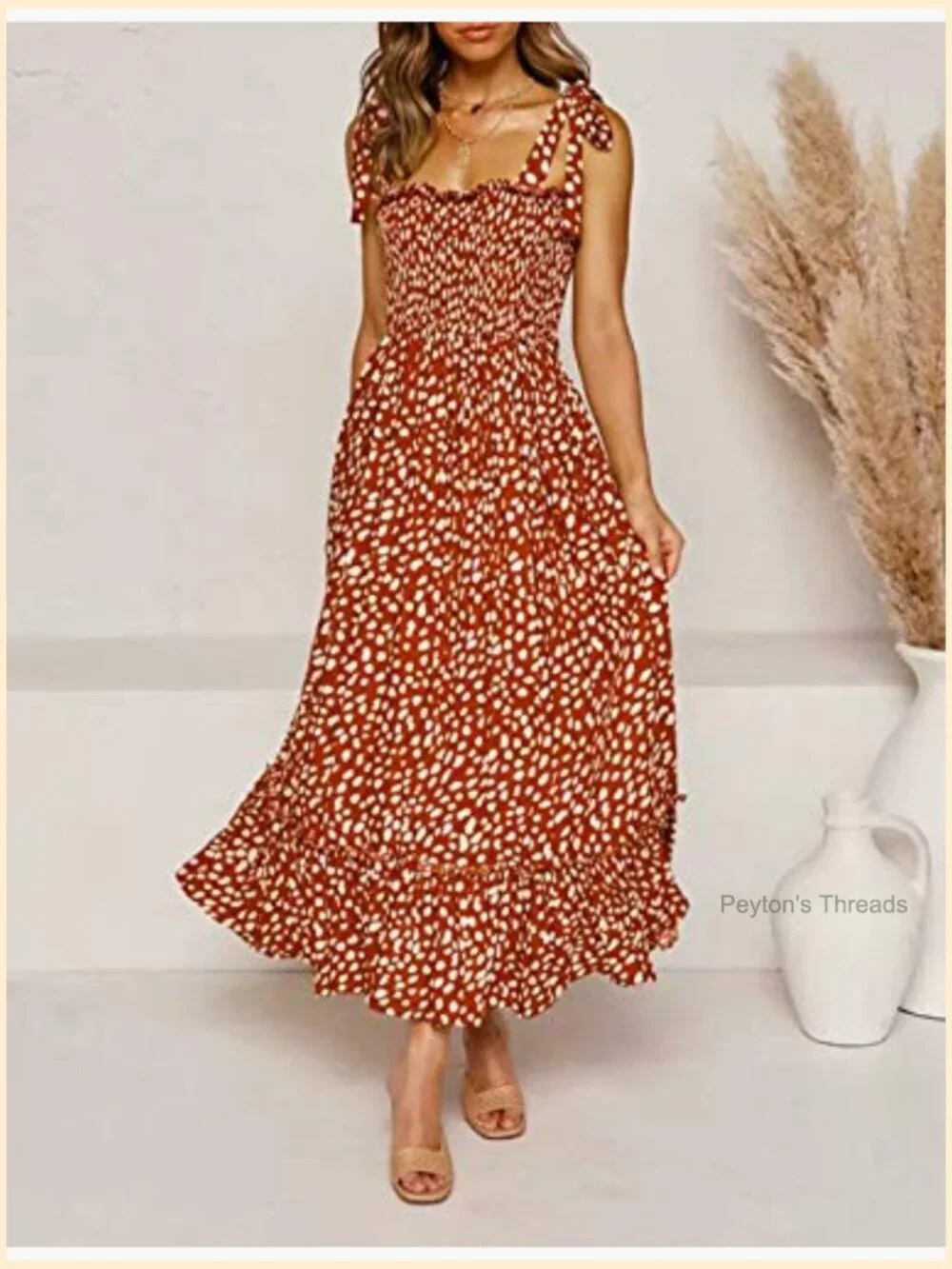 Cotton/Rayon Midi Dress with Irregular Polka Dot Ruffle Hem and Adjustable