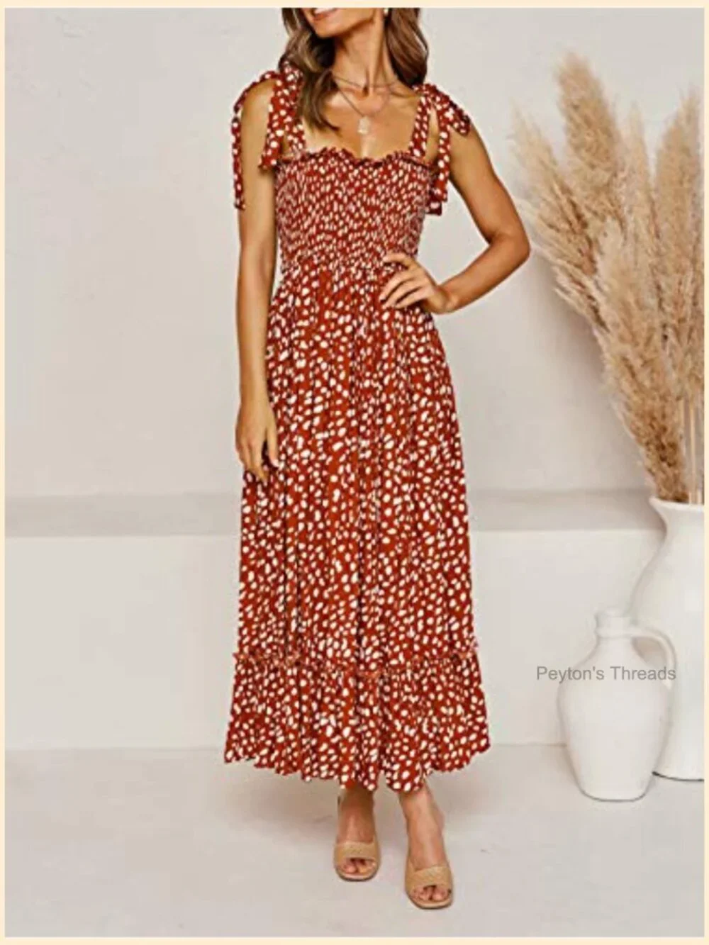 Cotton/Rayon Midi Dress with Irregular Polka Dot Ruffle Hem and Adjustable