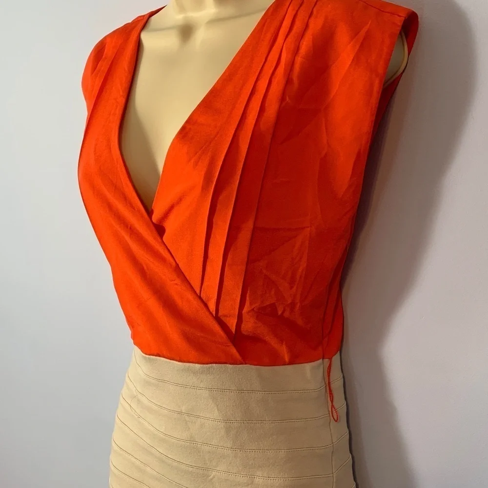 Express Bright Orange and beige bandage dress sleeveless v neck fitted size XS