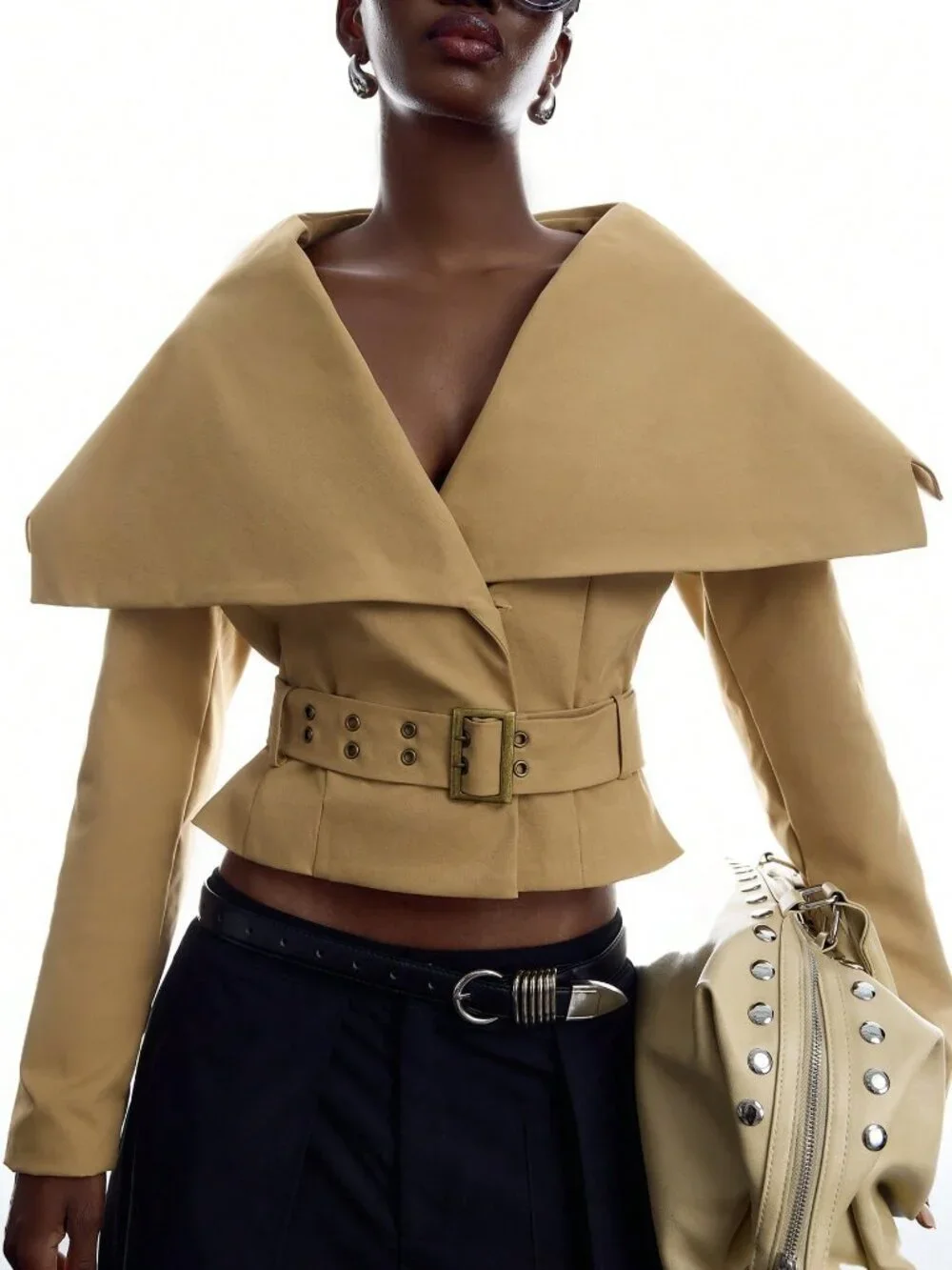 Khaki Casual Women's Large Lapel Waist Eyelet Buckle Trench Coat