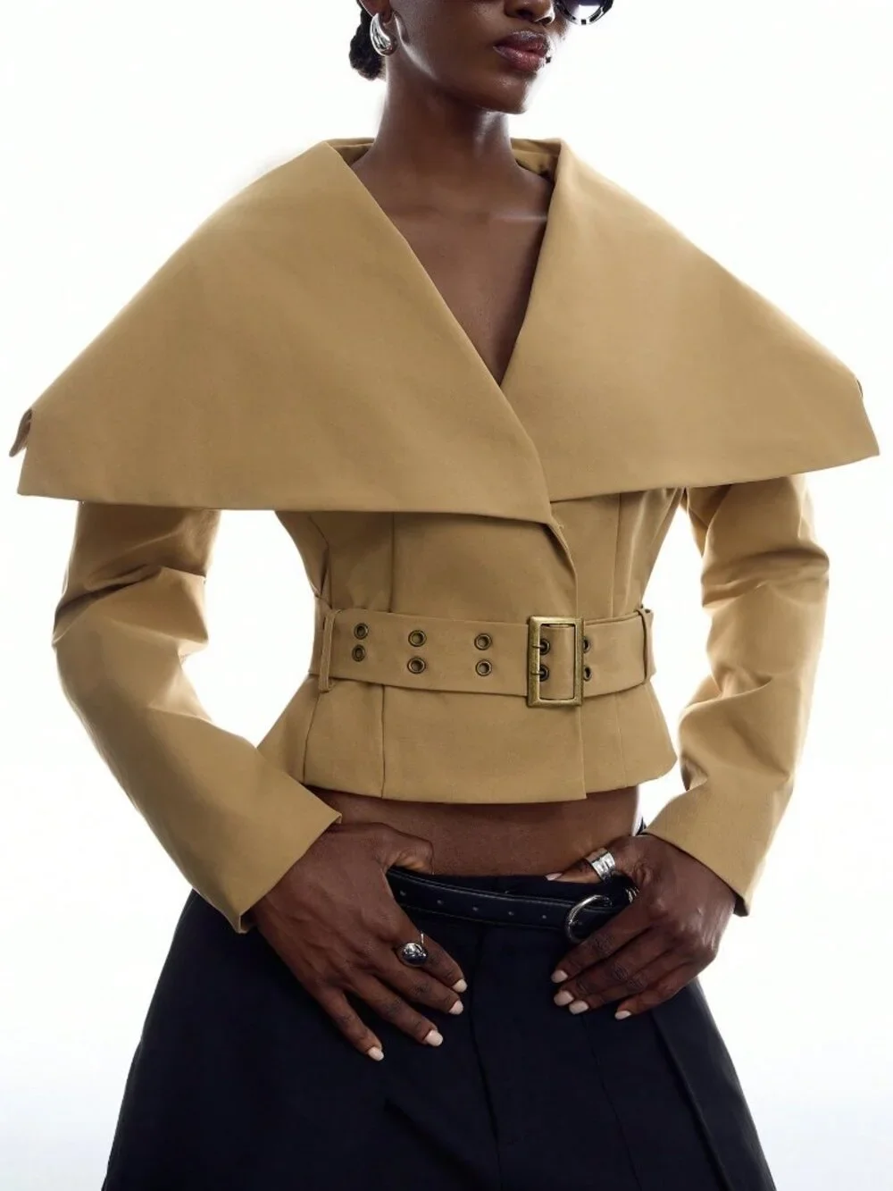 Khaki Casual Women's Large Lapel Waist Eyelet Buckle Trench Coat