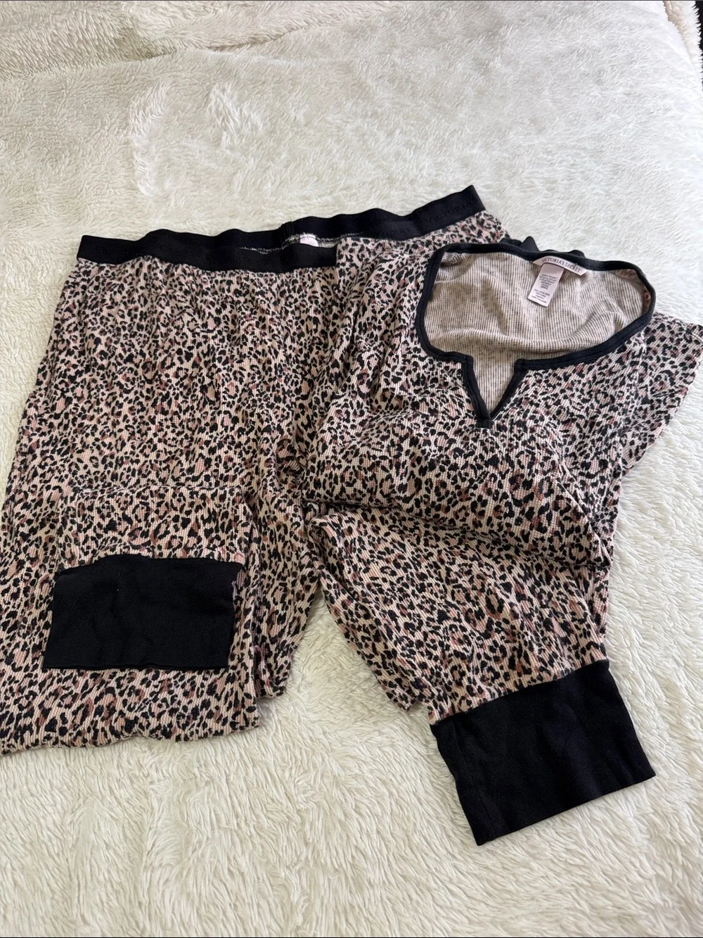 Victoria's Secret Pink Leopard Print Pajama Set with Black Trim