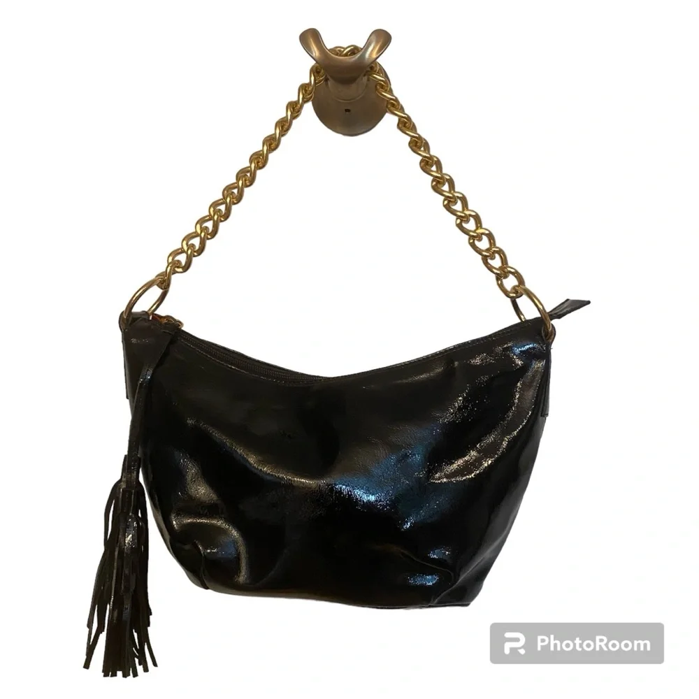 MAURIZIO TAIUTI BAG HOBO SHOULDER BLACK PATENT LEATHER ITALY GOLD CHAIN STRAP