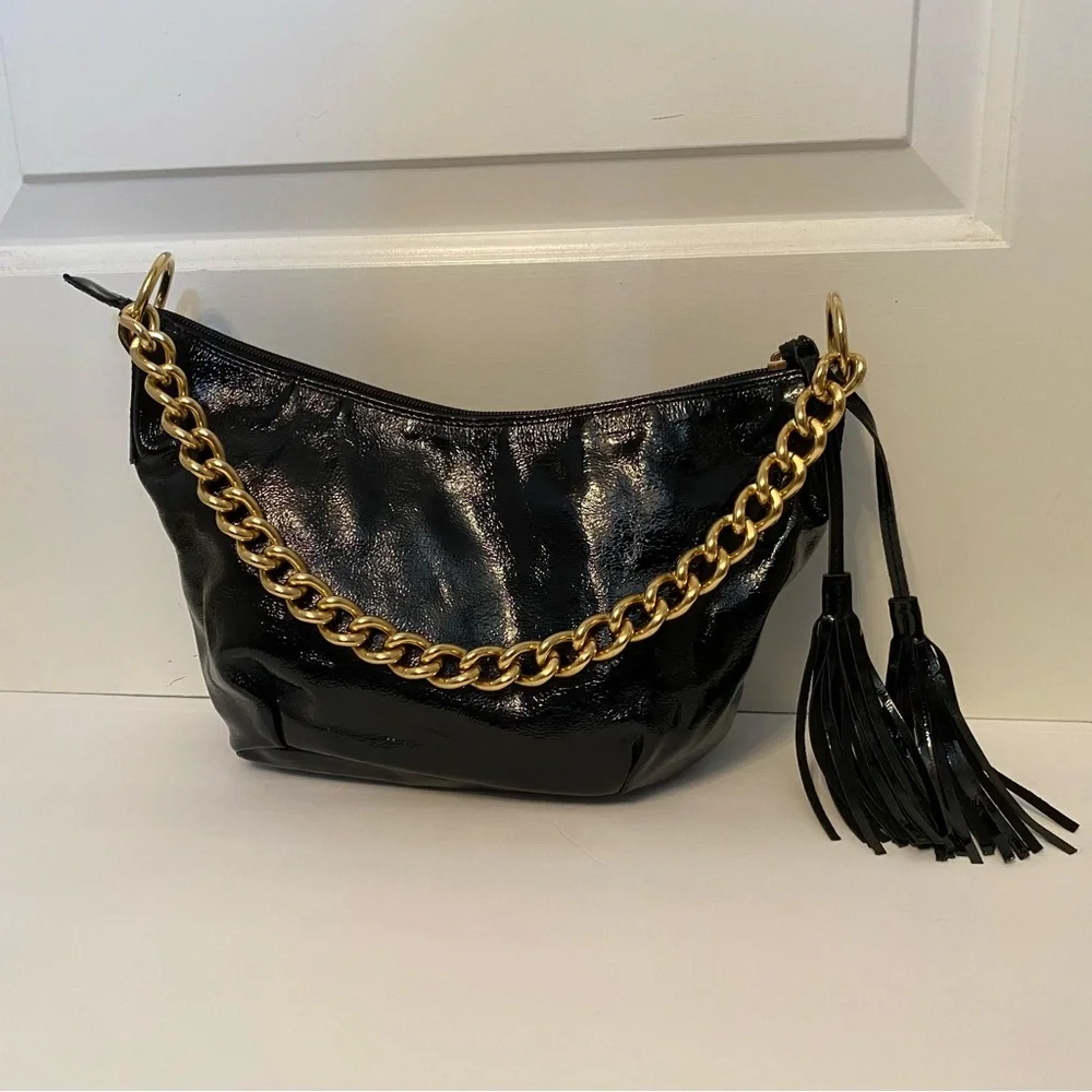MAURIZIO TAIUTI BAG HOBO SHOULDER BLACK PATENT LEATHER ITALY GOLD CHAIN STRAP
