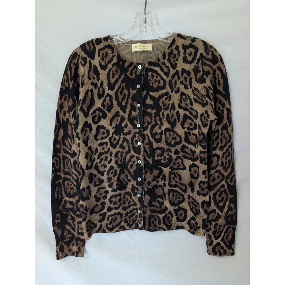 Vintage Peck & Peck Cashmere Leopard Print Cardigan Sweater Women S Button Front