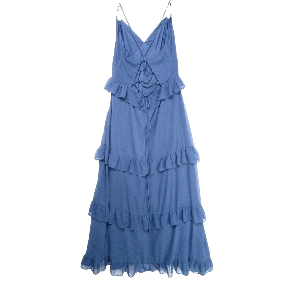 Lulus Captivating Class Lace Up Cross Back Tiered Ruffle Maxi Dress Womens XL
