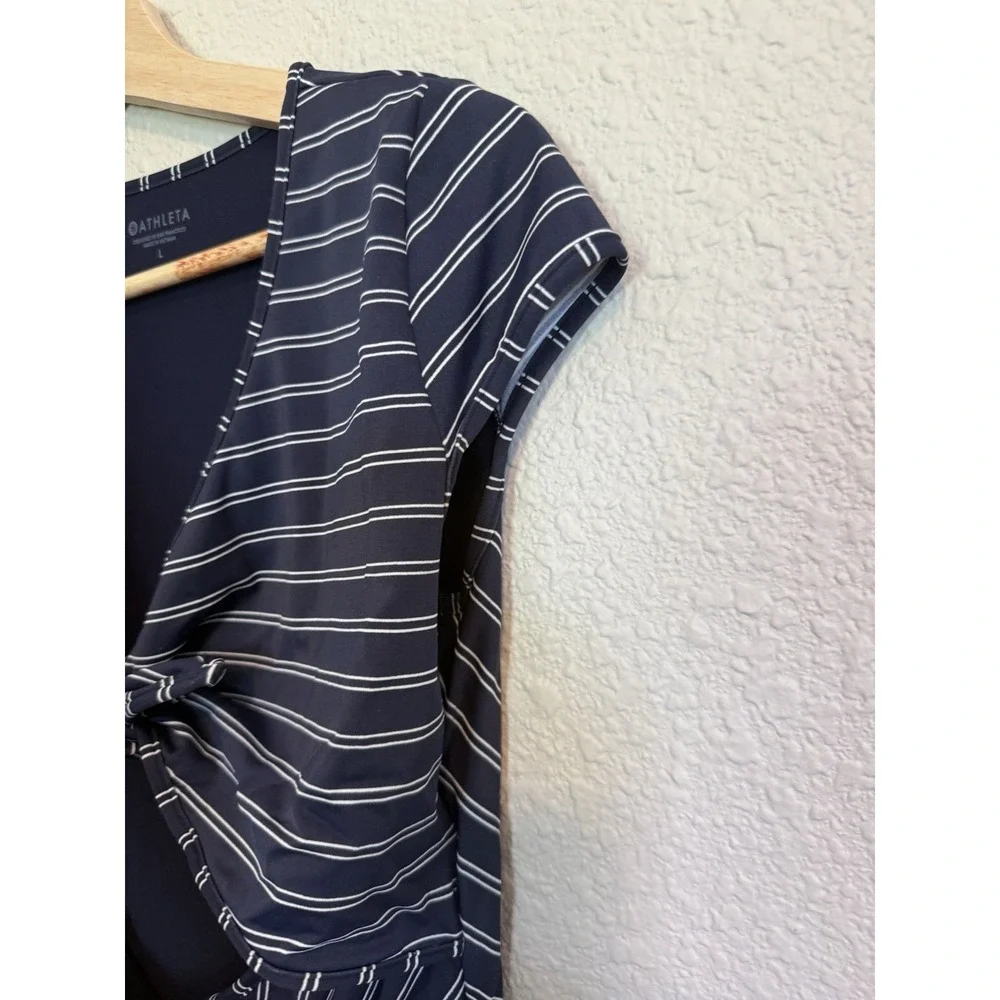Athleta Navy Striped One-Piece Swimsuit Cutout Tie Front Size L Blue Nautical