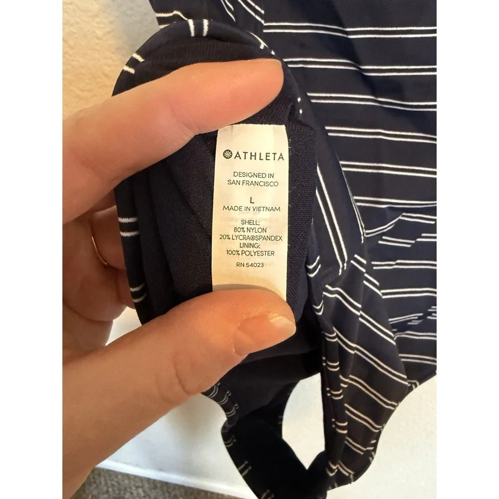 Athleta Navy Striped One-Piece Swimsuit Cutout Tie Front Size L Blue Nautical