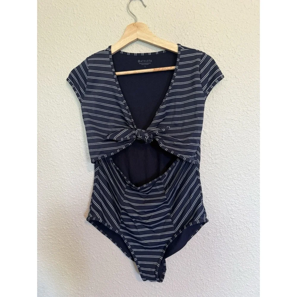 Athleta Navy Striped One-Piece Swimsuit Cutout Tie Front Size L Blue Nautical