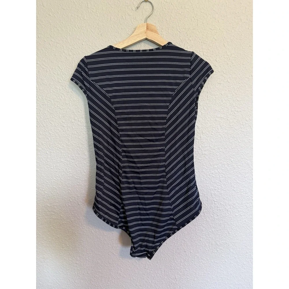 Athleta Navy Striped One-Piece Swimsuit Cutout Tie Front Size L Blue Nautical