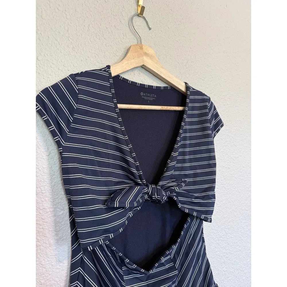 Athleta Navy Striped One-Piece Swimsuit Cutout Tie Front Size L Blue Nautical
