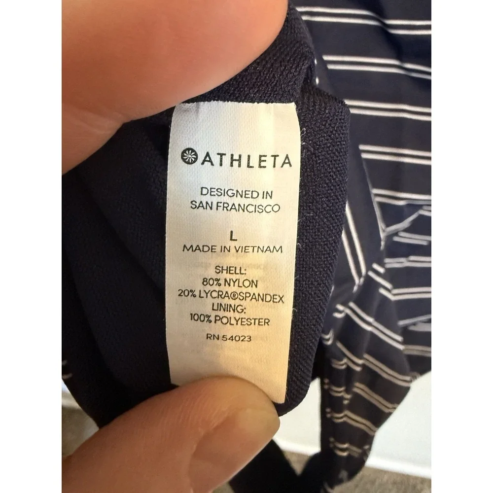 Athleta Navy Striped One-Piece Swimsuit Cutout Tie Front Size L Blue Nautical