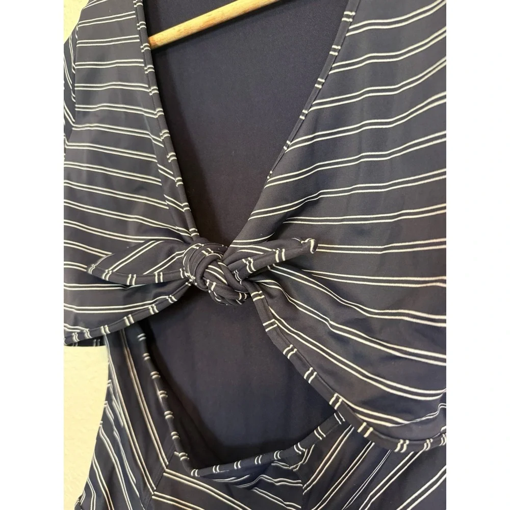 Athleta Navy Striped One-Piece Swimsuit Cutout Tie Front Size L Blue Nautical