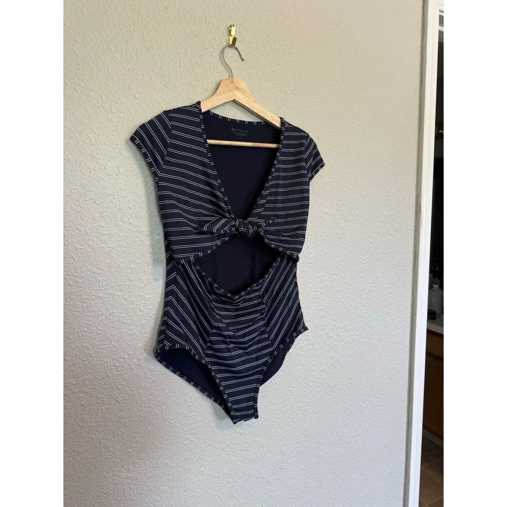 Athleta Navy Striped One-Piece Swimsuit Cutout Tie Front Size L Blue Nautical