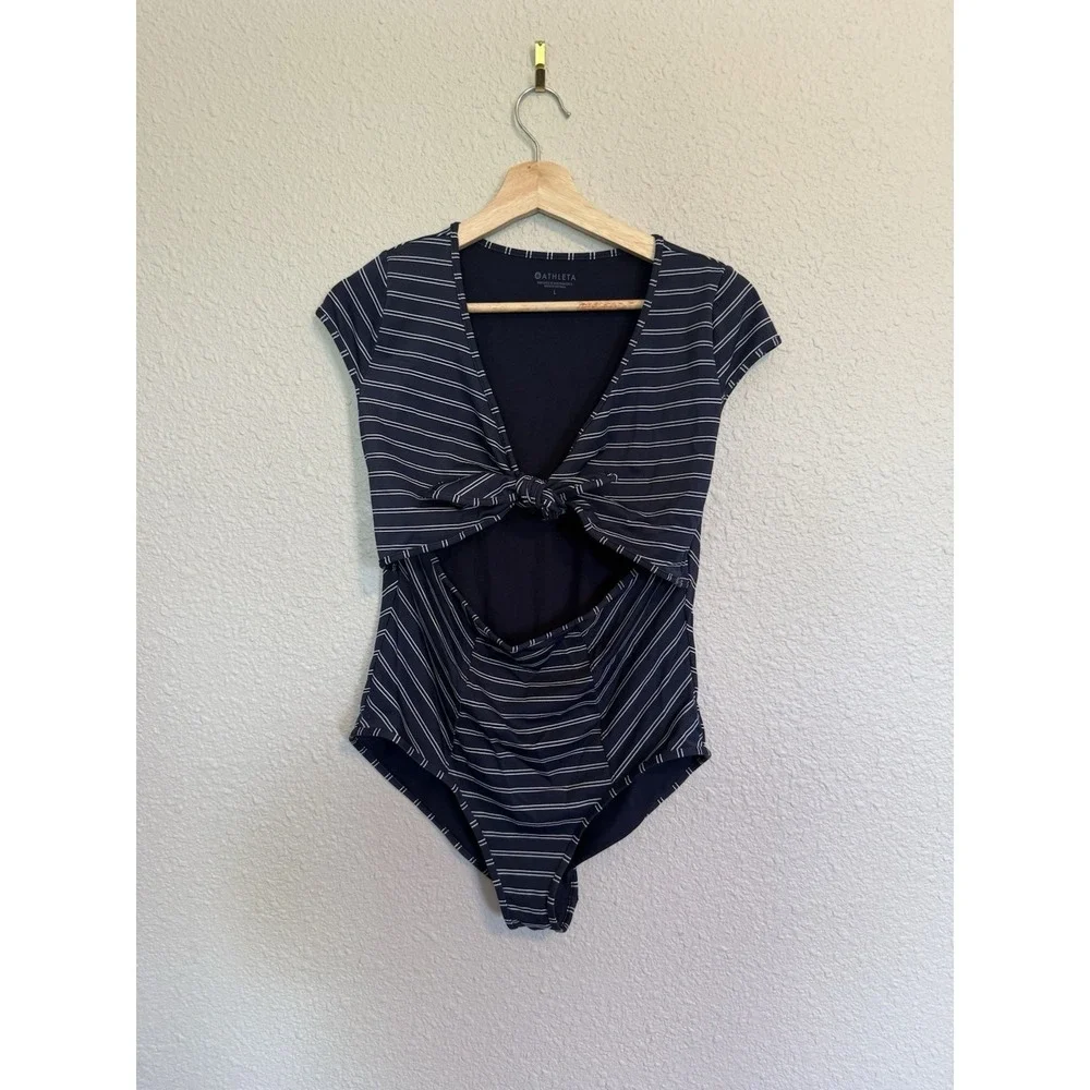 Athleta Navy Striped One-Piece Swimsuit Cutout Tie Front Size L Blue Nautical