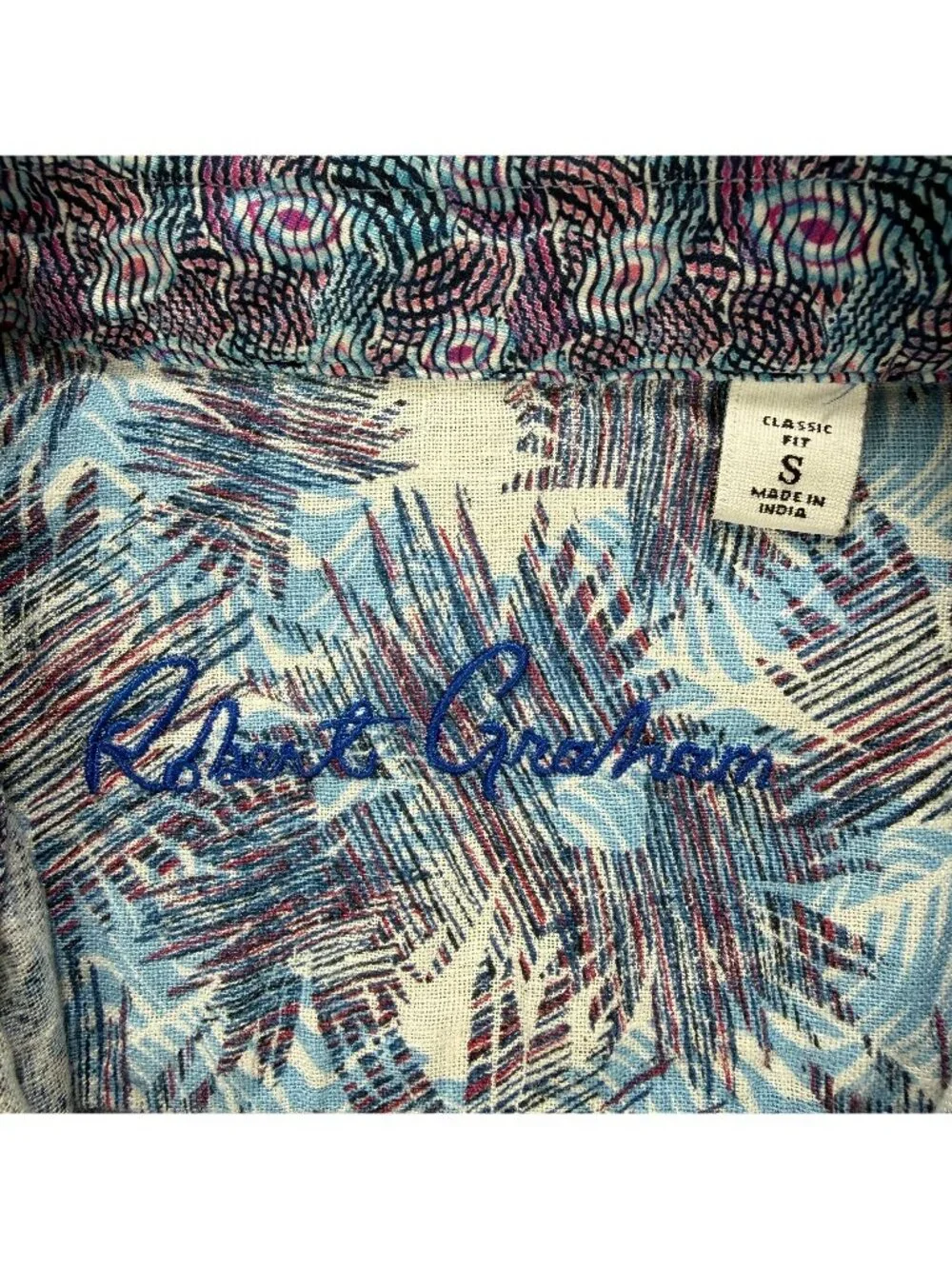Robert Graham Shirt Men Small Blue Morrone Tropical Linen Short Sleeve Button Up