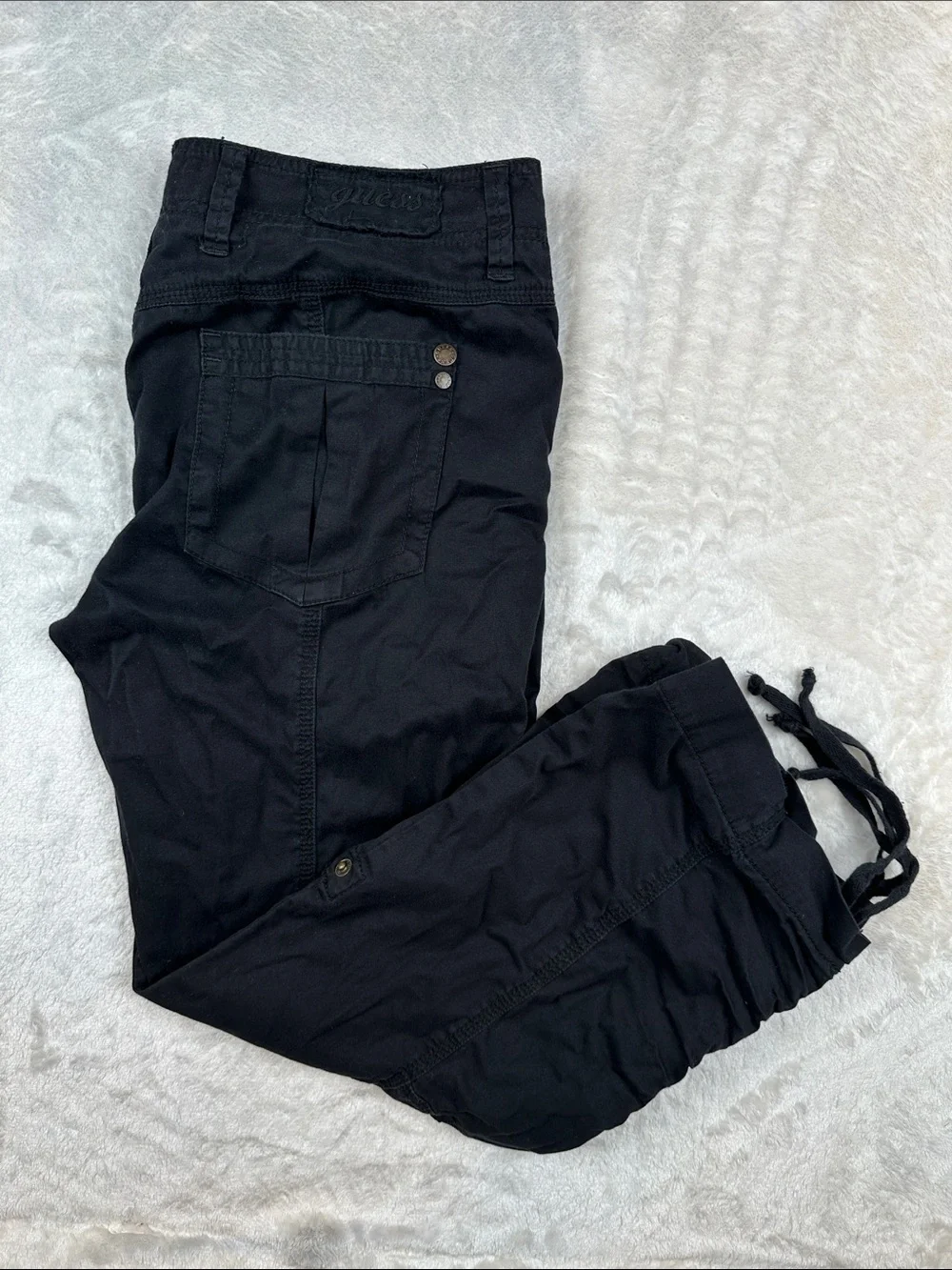 Guess Women’s Cargo Capri Pants Black Ruched Drawstring Hem Stretch Size 30