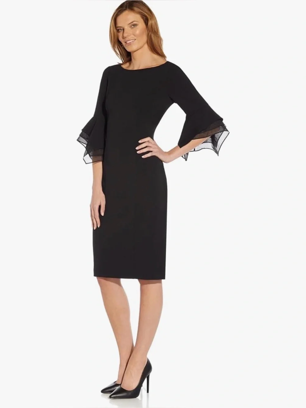 Adrianna Papell Black Bell Sleeve Midi Sheath Dress