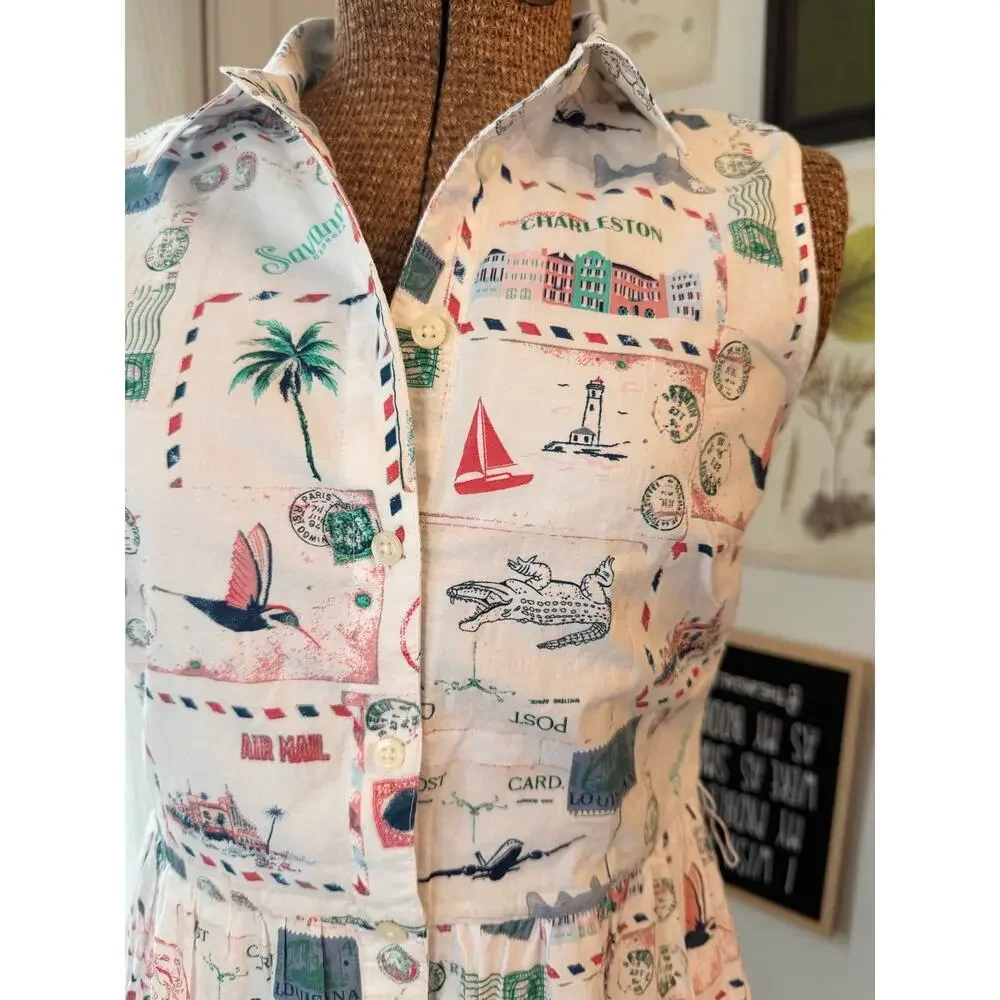 J.Crew Postcard Print Sleeveless Midi Dress 2P NWT Cottage Core Missing Belt