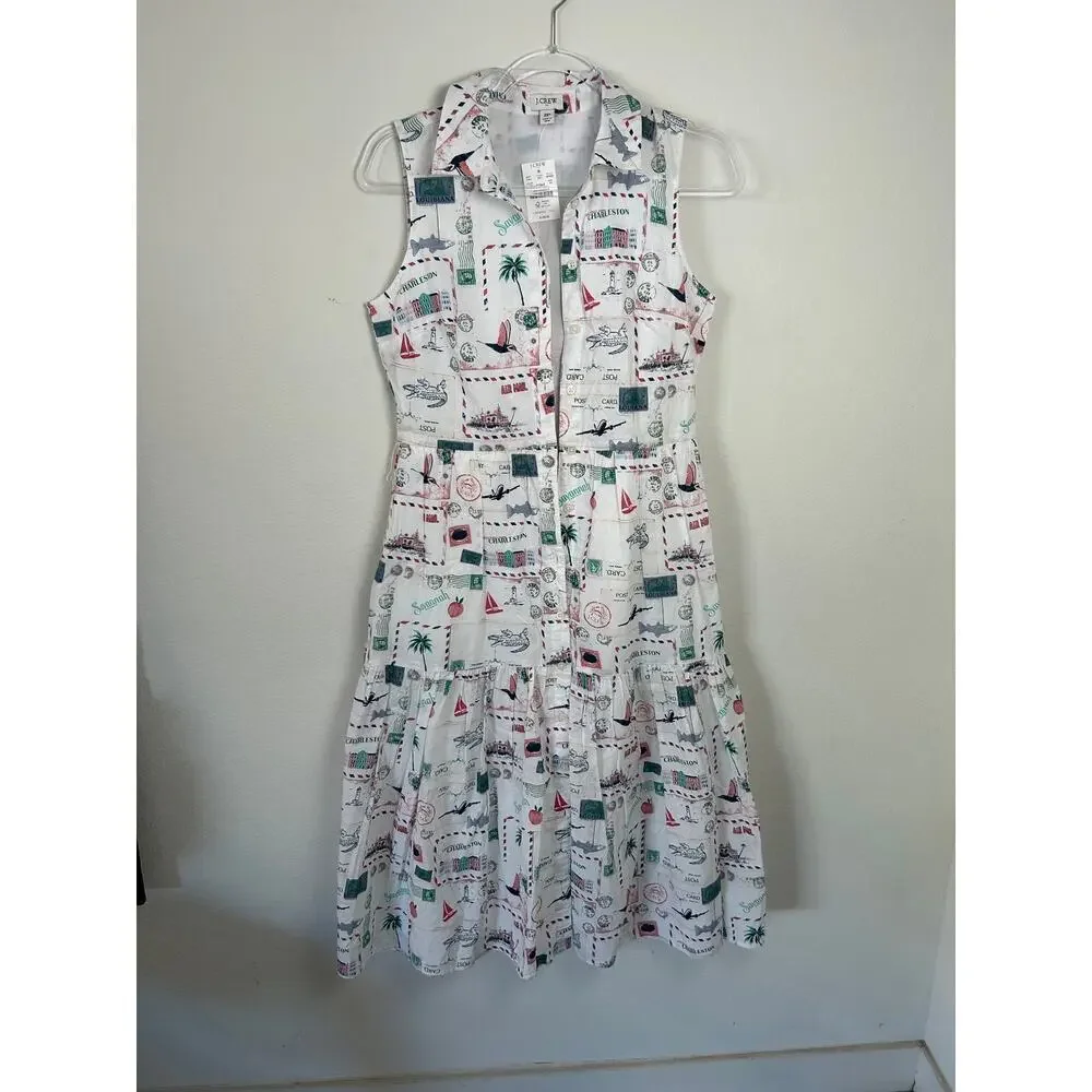 J.Crew Postcard Print Sleeveless Midi Dress 2P NWT Cottage Core Missing Belt