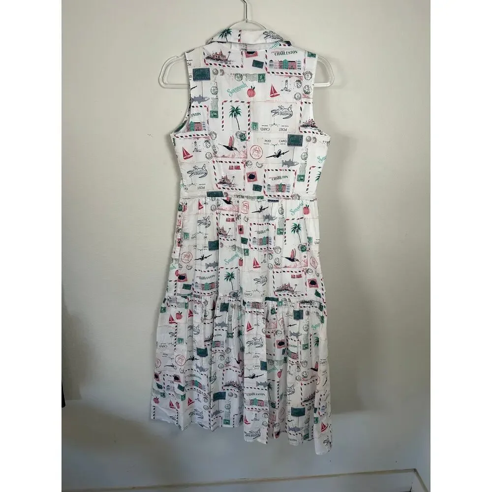 J.Crew Postcard Print Sleeveless Midi Dress 2P NWT Cottage Core Missing Belt