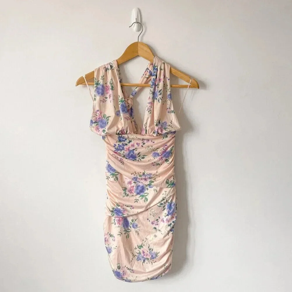 Zara Ruched Floral Halter Mini Dress Pink Purple NWOT Size Small