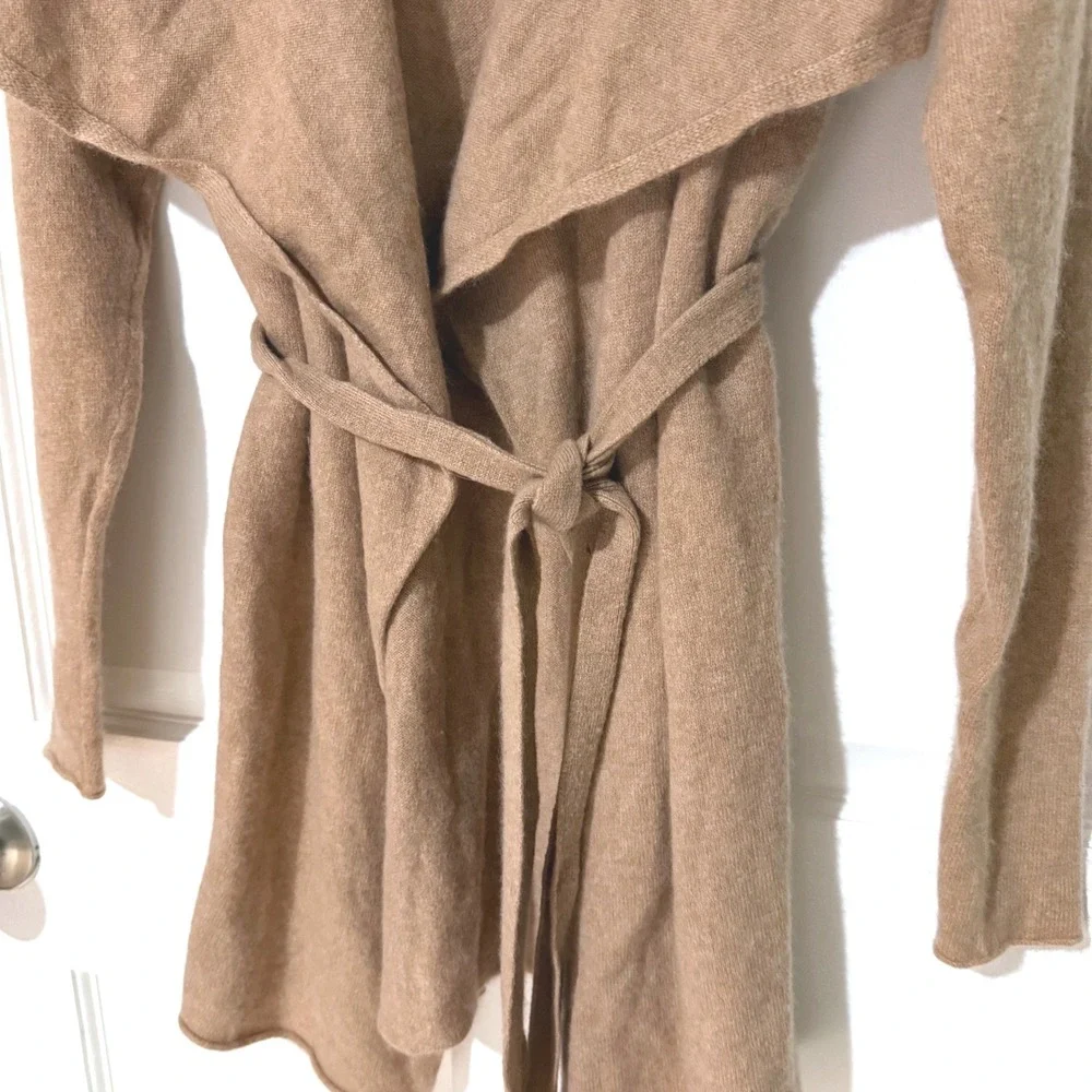 White + Warren 100% Cashmere Belted Wrap Cardigan Sweater Tan Camel Small