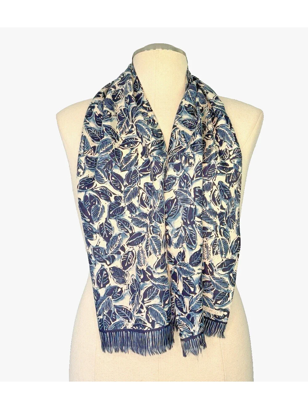 Vintage 1990's Echo Silk Scarf Blue Leaf Fringe Hand Rolled 10.5