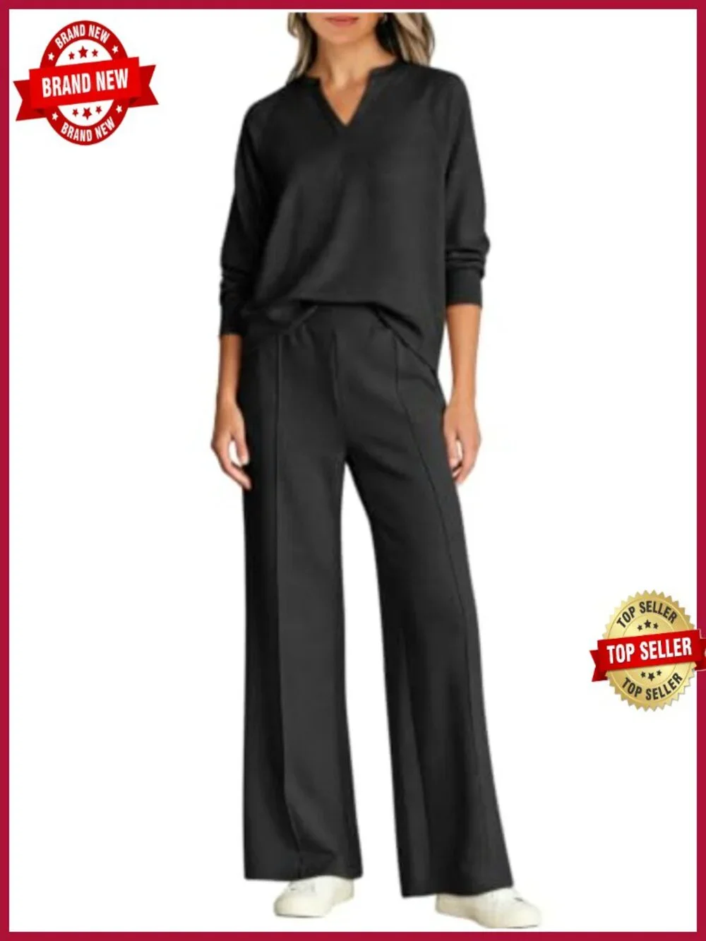 Women's 2 Piece Lounge Set - V Neck Top & Wide Leg Pants, Wrinkle-Free Travel