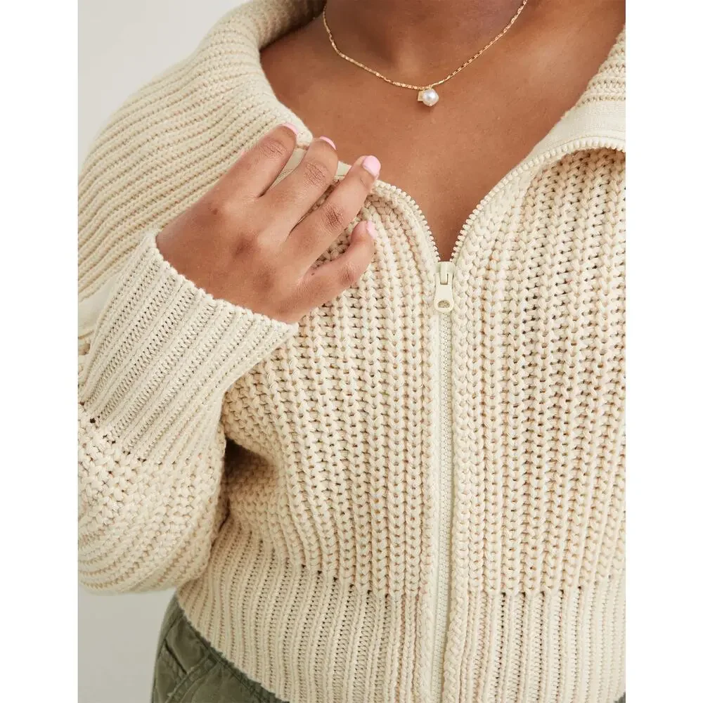 Aerie | Women | Double Zip Cream Ribbed Cotton Yarn Cropped Cardigan | Small