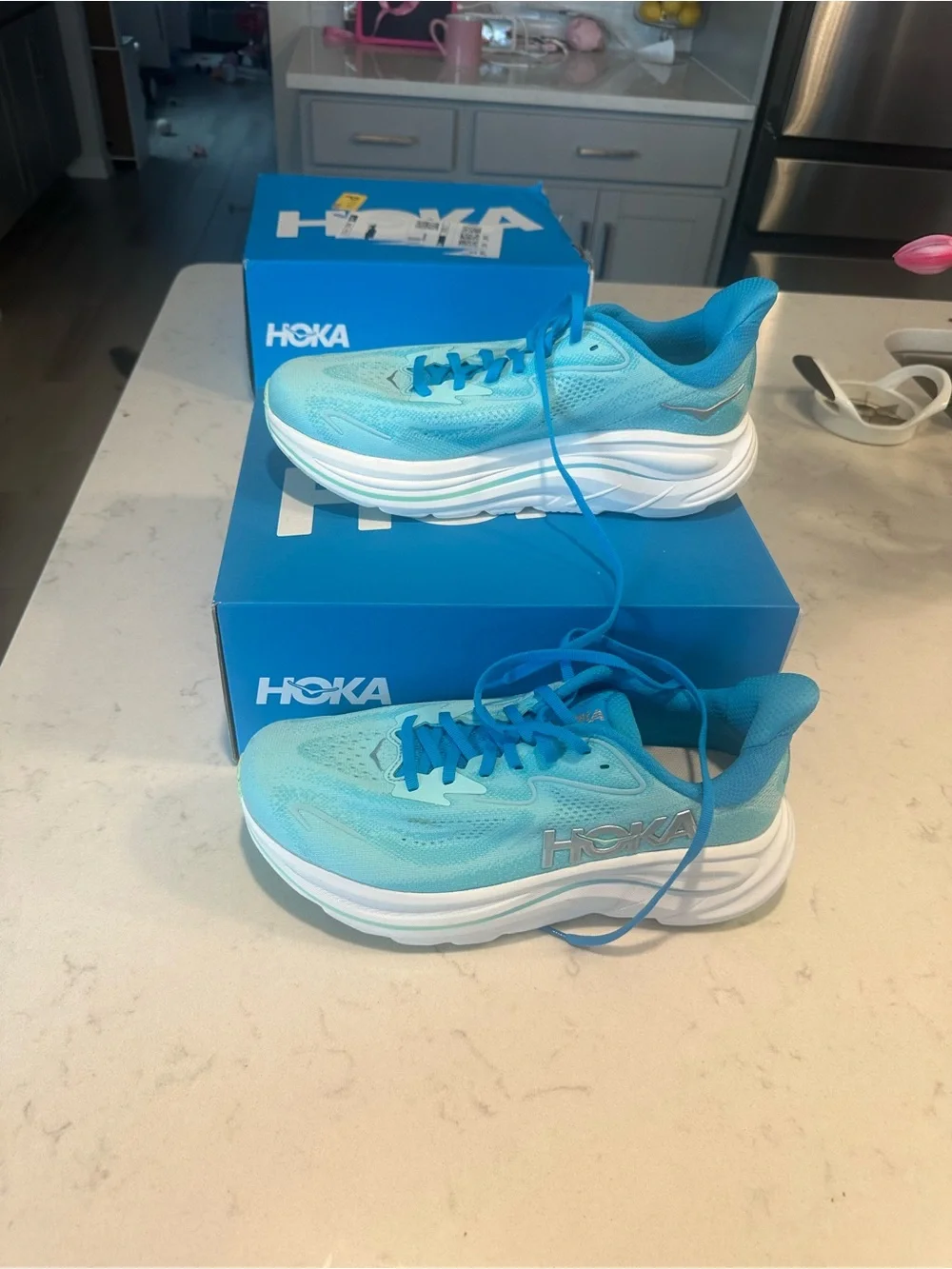 Hoka Women's Running Shoes in Aqua Blue and White