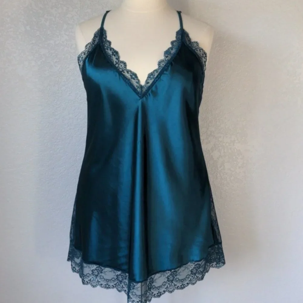 Avidlove XXXL Chemise Lingerie Satin Lace trim Teal Green Racerback