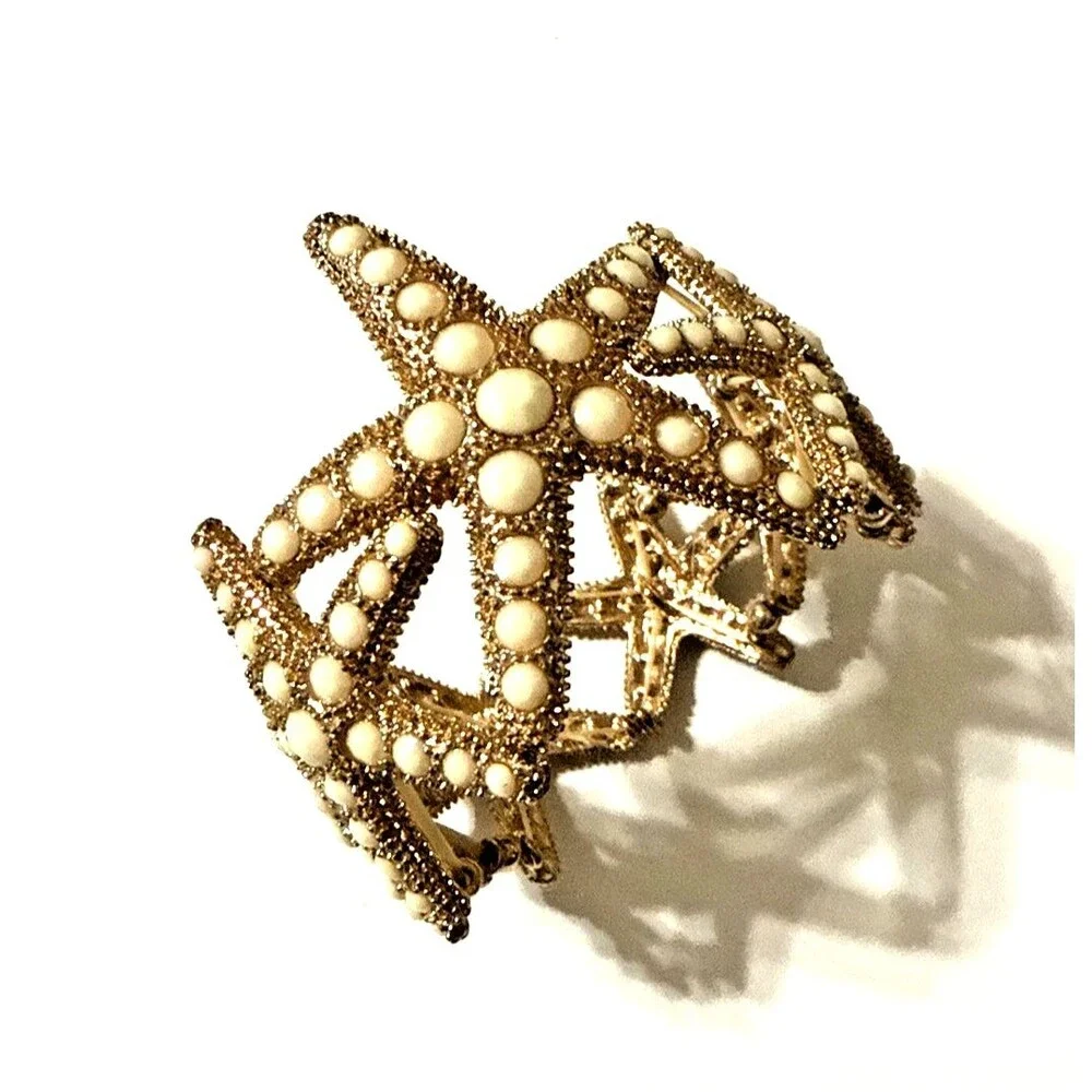Starfish Bracelet White Rhinestone Gold Tone Beach Sea Life Statement Stretch