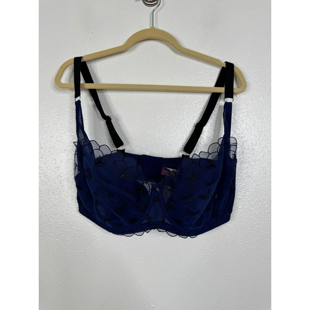 Adore Me Navy Blue Mesh Bat Embroidery Unlined Underwire Bra 40G Gothic Spooky
