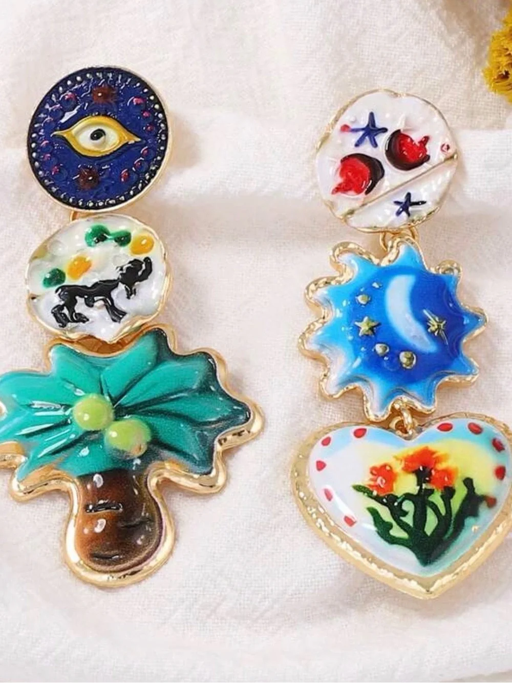 Whimsical Artistic Statement Drop Earrings – Celestial & Floral Design