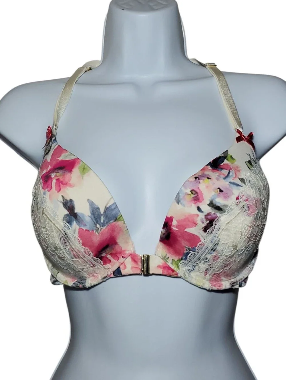 Cacique Cream and Pink Floral Lace Bra Set