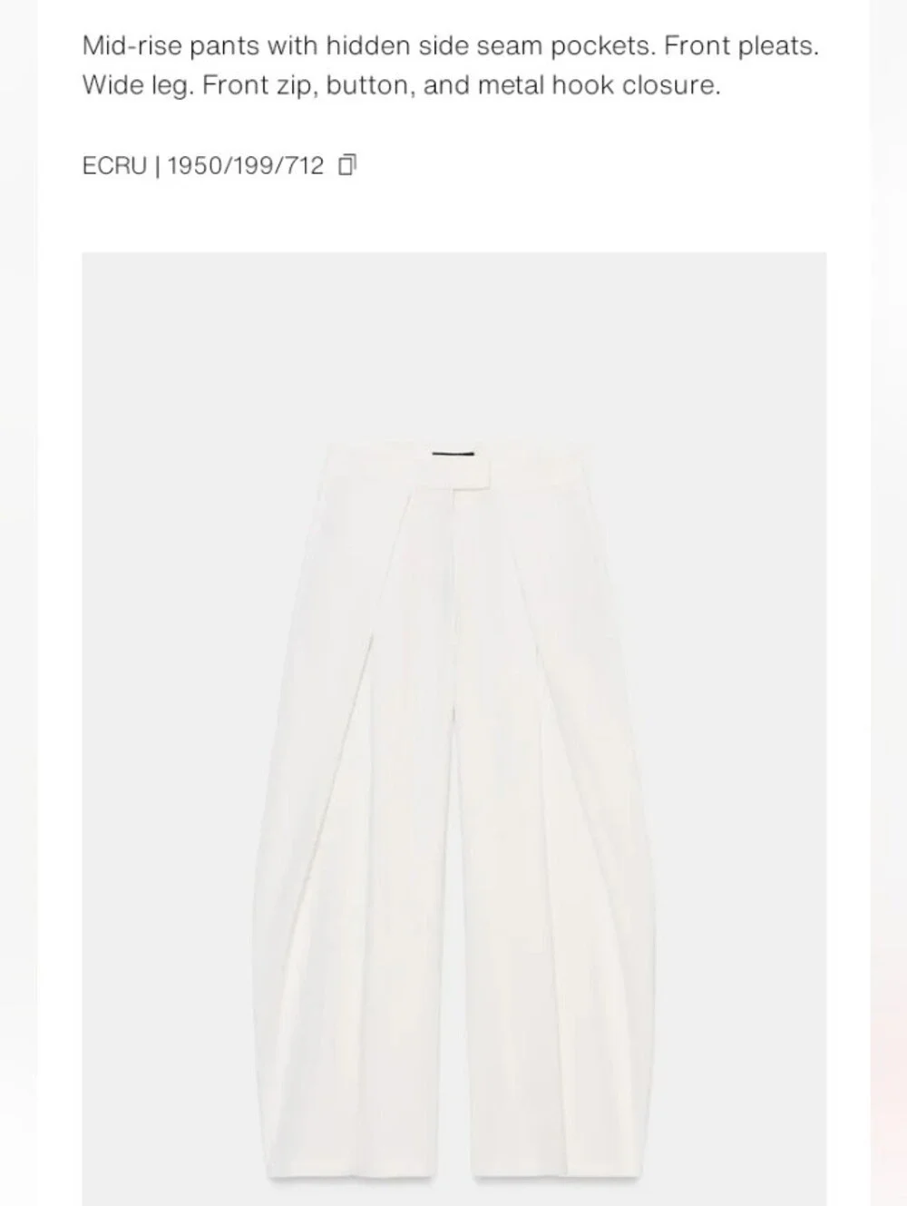 Zara Zw Collection Pleated Wide-Leg High-Waist White  Pants Sz-M