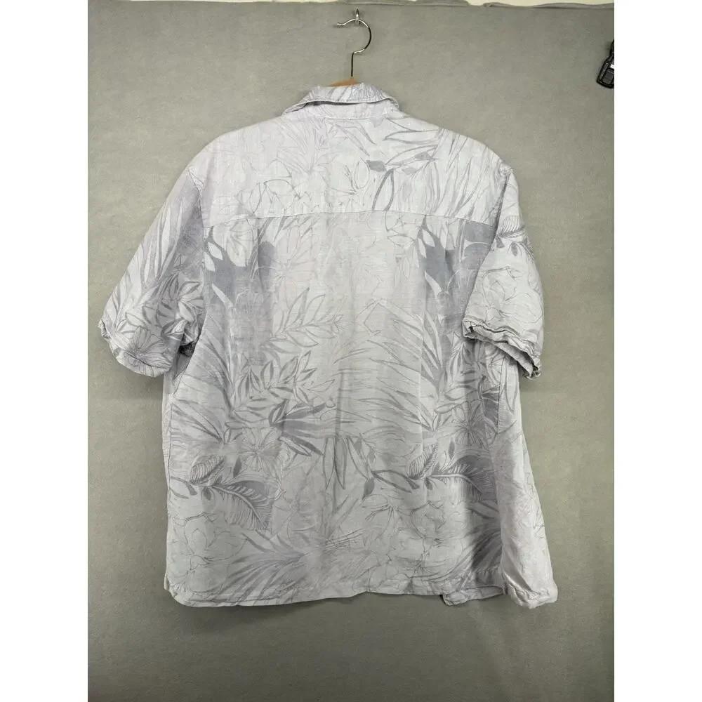 Cubavera Shirt Men's Sz L White Palms Button Up Linen Blend Short Sleeve Pockets