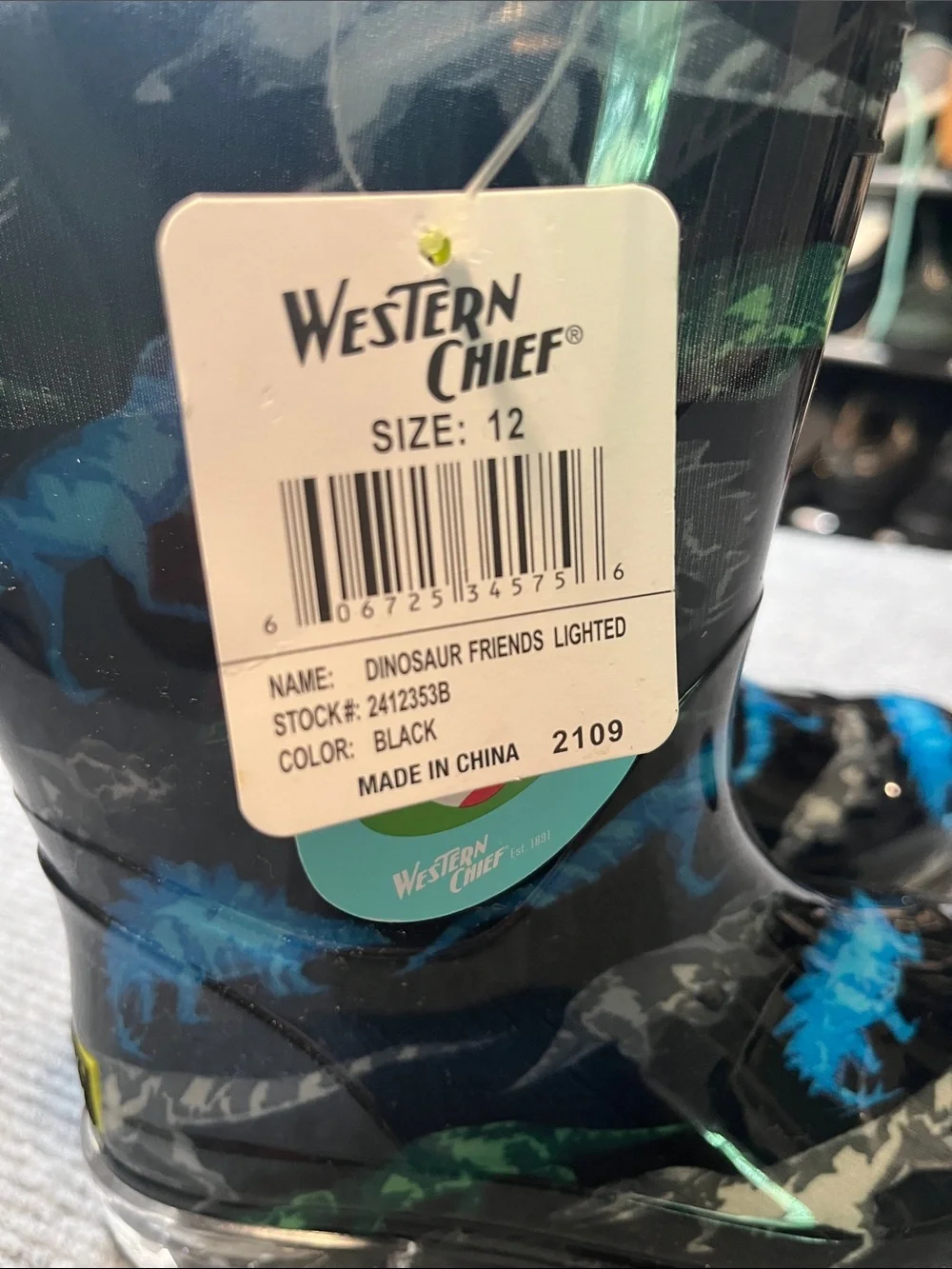 Kids Black Dino Rain Boots with Blue & Green Accents. No Longer LIGHT UP