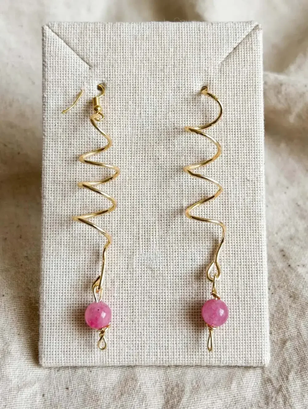 Handmade Gold Tone Wire Spiral Dangle Earrings with Pink Stone Beads