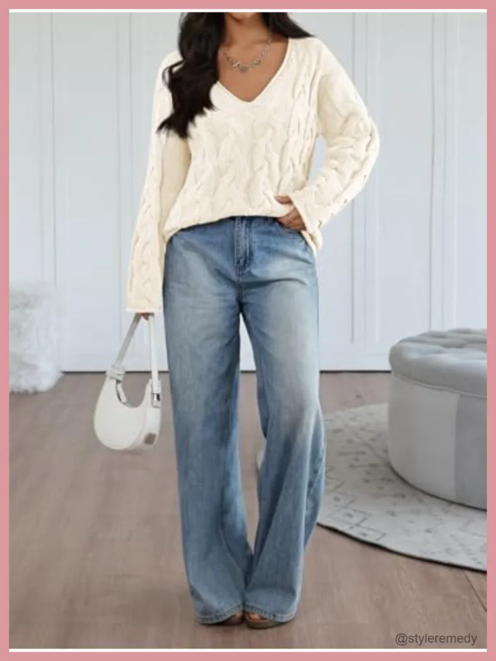 Oversized V-Neck Cable Knit Sweater, Chunky Knit Pullover, Cozy Winter Layer