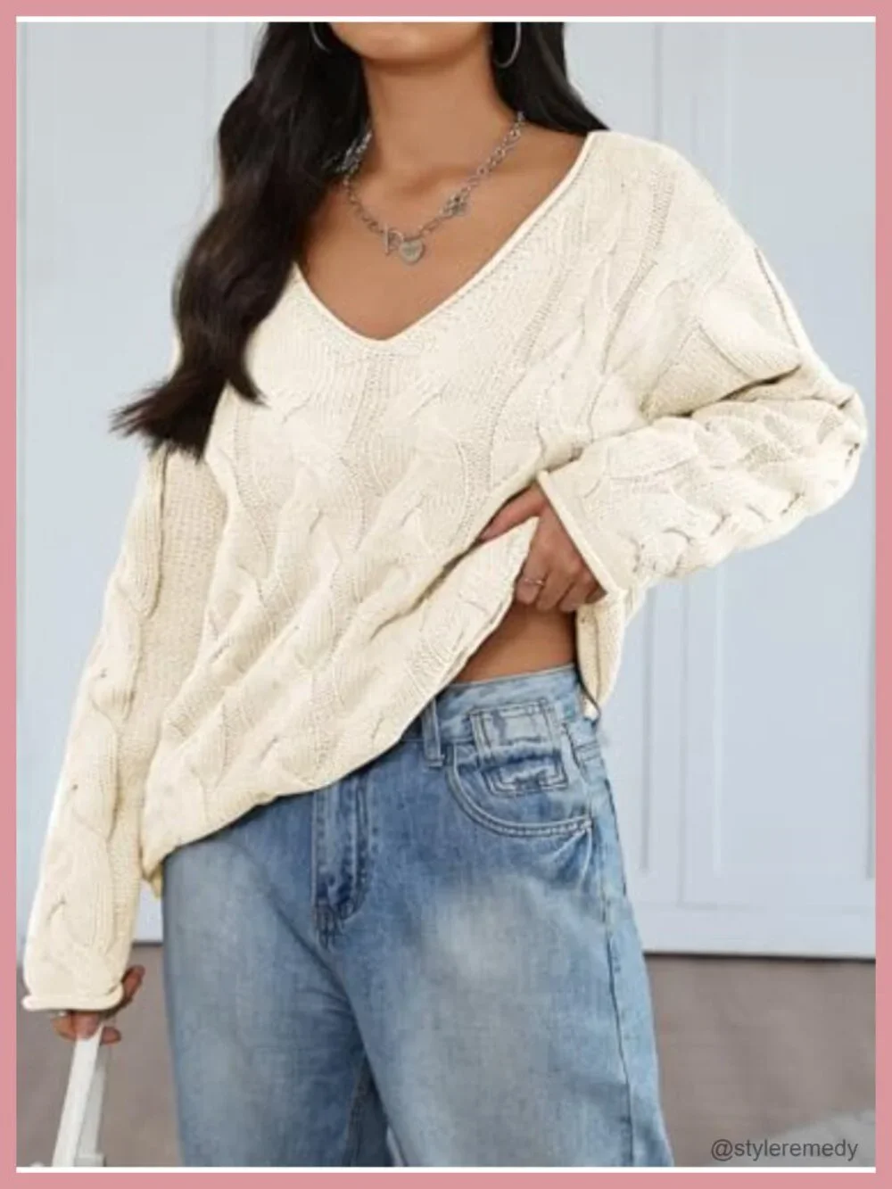 Oversized V-Neck Cable Knit Sweater, Chunky Knit Pullover, Cozy Winter Layer