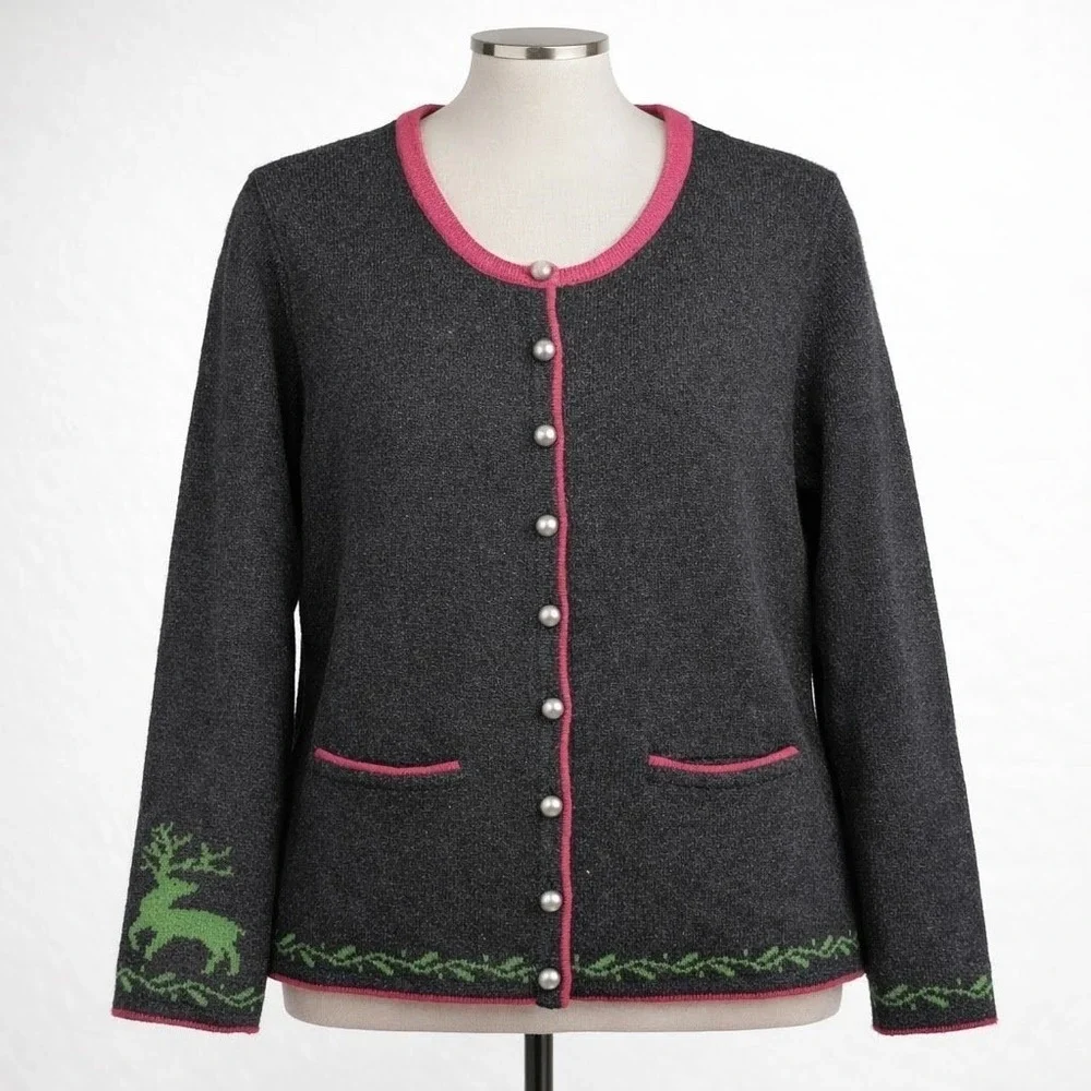 Hammerschmid‎ Deer Wool Button Cardigan Pink Size L Cottagecore Preppy Teacher