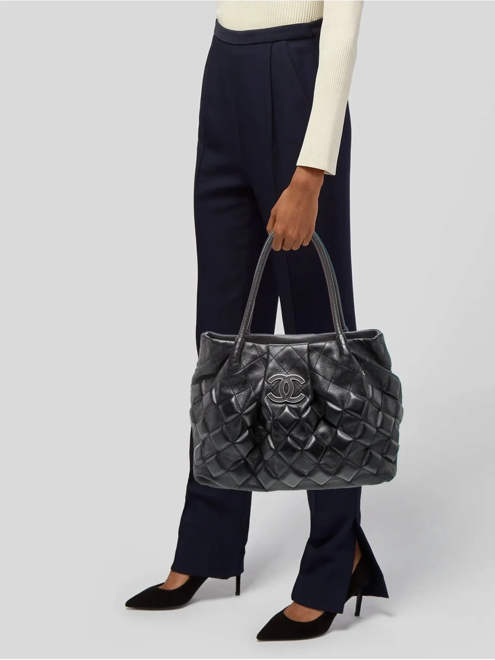CHANEL Black Quilted Lambskin CC Tote