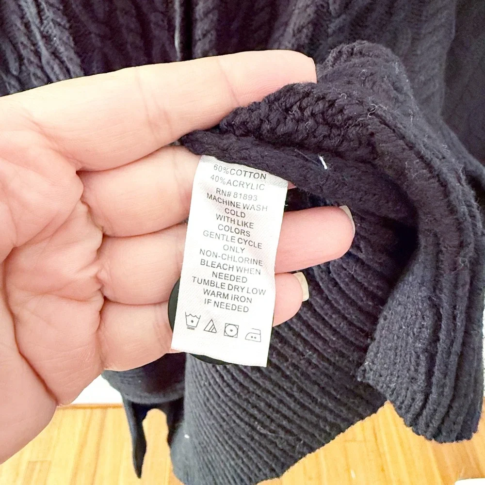 Denim & Co Cardigan Sweater Womens Medium Black Cable Knit Longline Fisherman