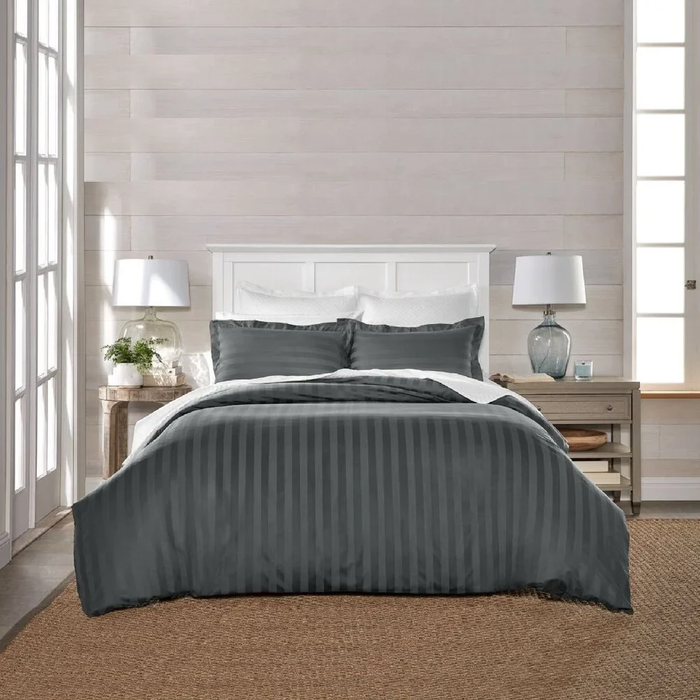 CHARCOAL GRAY Charter Club Stripe 550 TC 100% Cotton FULL/QUEEN Duvet Cover Set