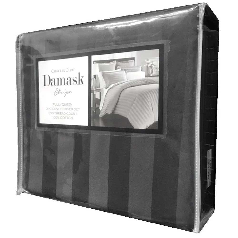CHARCOAL GRAY Charter Club Stripe 550 TC 100% Cotton FULL/QUEEN Duvet Cover Set
