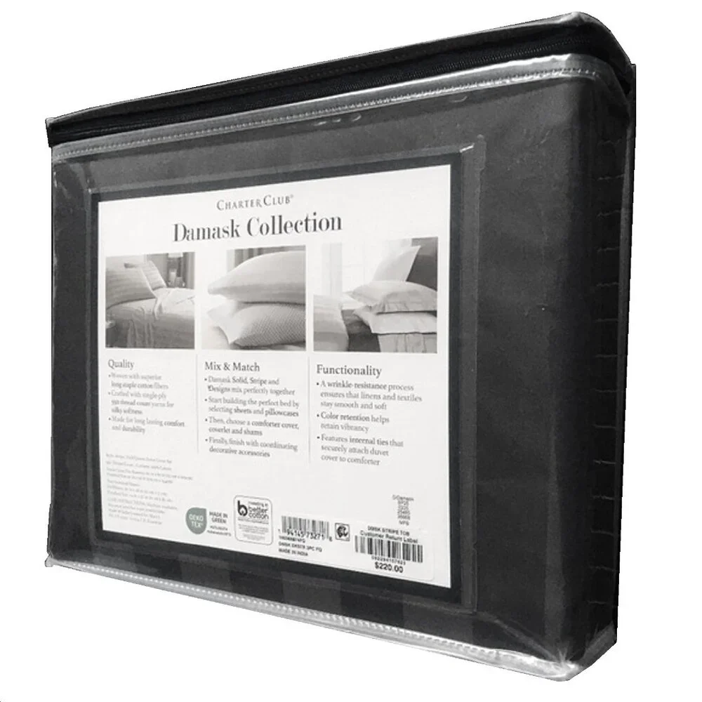 CHARCOAL GRAY Charter Club Stripe 550 TC 100% Cotton FULL/QUEEN Duvet Cover Set